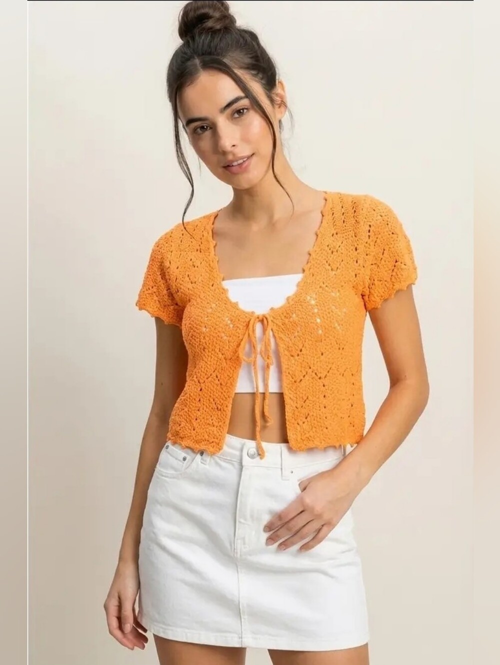 Pointelle Tie Front Knit Cardigan